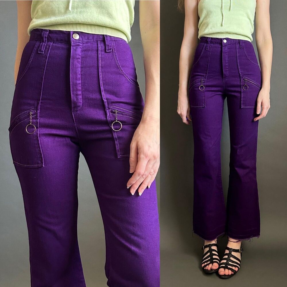 Vintage 1970s Purple Flared Jeans, O-Ring Zipper Pulls, XXS 24" waist